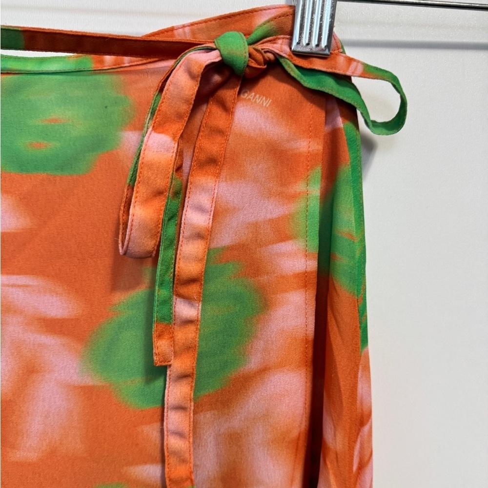 Ganni Printed Midi Length Wrap Skirt Orange - Picture 6 of 10